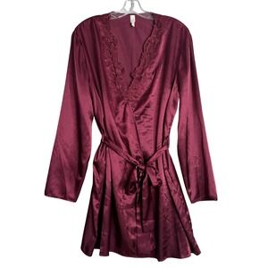 Flora Stella Venise Lace Trim Matte Satin Wrap Robe Women L/XL Burgundy Bordeaux